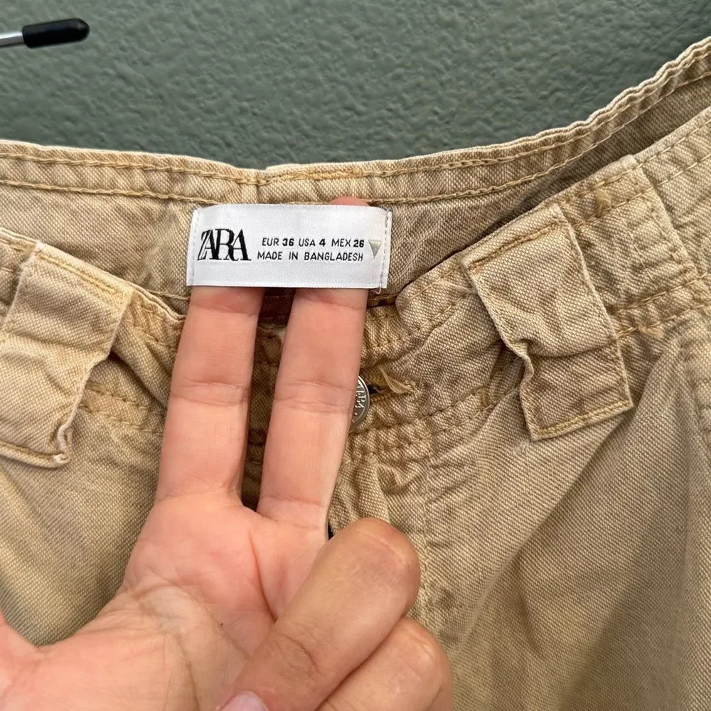 Y2K Zara Linen Blend Tan Cargo Wide Leg Pants Sz 4 Small